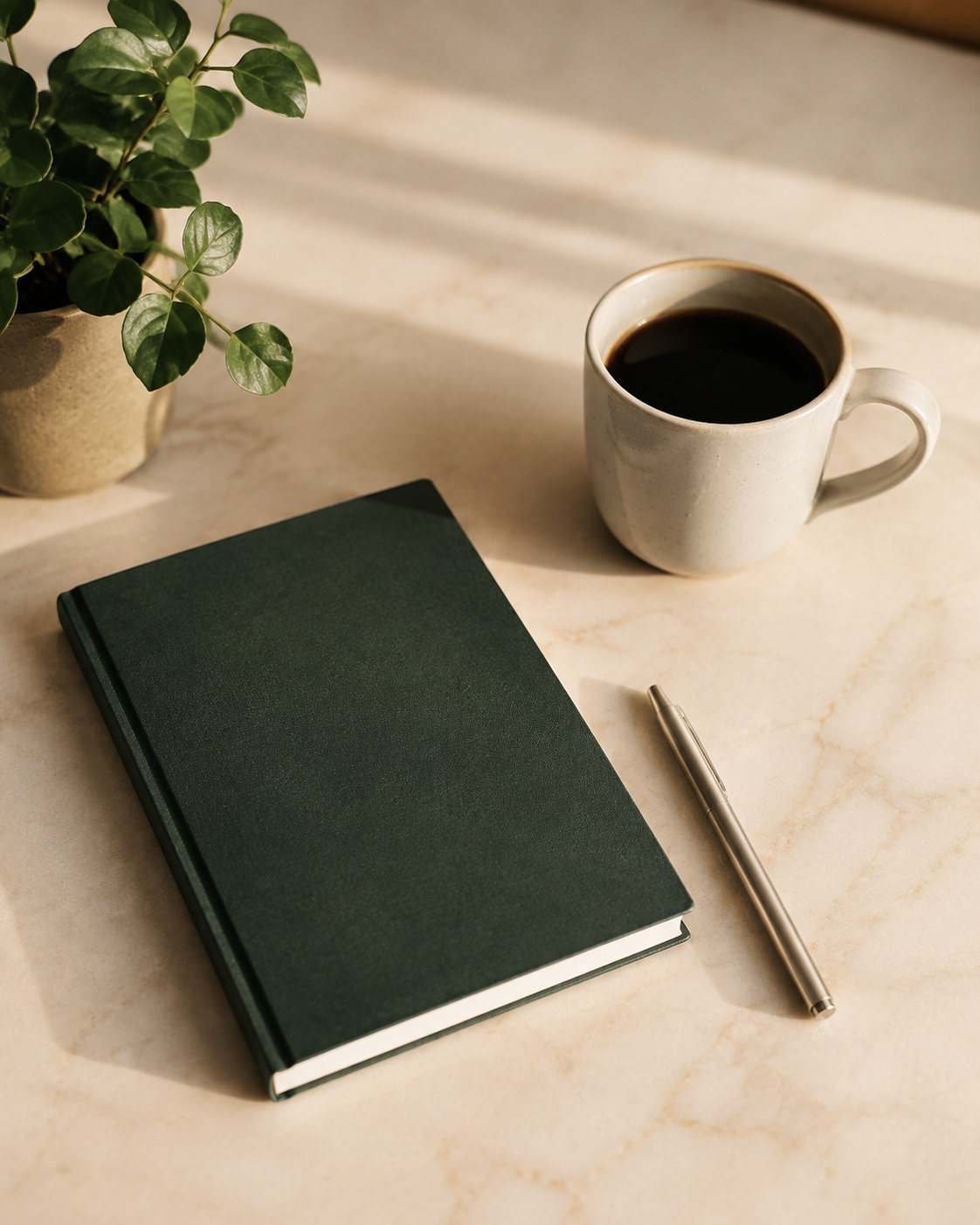 A quiet desk with a green notebook, coffee, and a pen in warm natural light
